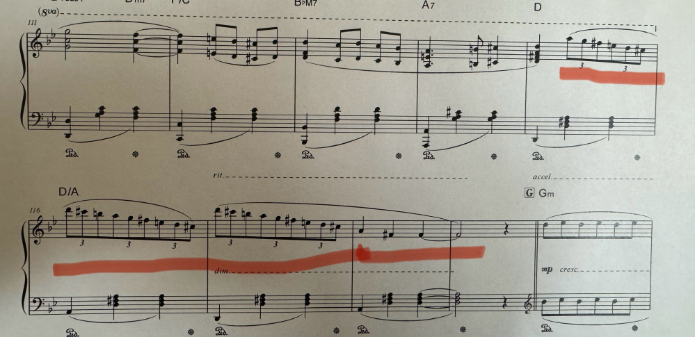 ピアノの楽譜の運指について教えて頂きたいです。 赤い線の上なんですが、543214 543213212 54321321 211 というふうにやってたんですがイマイチスムーズに行きません。 アドバイスあればよろしくお願いします。