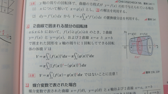 二曲線に囲まれた回転体の体積で質問 下の写真の赤文字の注意ではなぜ間違いなの？