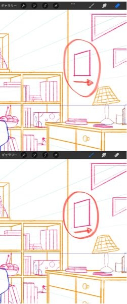 どっちのパースが正しいですか？ ちびまる子ちゃんの部屋参考にパースの練習をしています。 一点透視図法です。 壁に貼ってあるポスターを描きたいのですが、上と下のどちらが正しいですか？ 初めてパースに挑戦しているのでお手柔らかにお願いいたします。