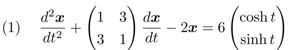 【至急】 2階微分方程式の問題です。 係数の行列は簡約化してもいいですか？もし違うならやり方を教えてもらえると嬉しいです。 なおx=(x(t),y(t)) です。