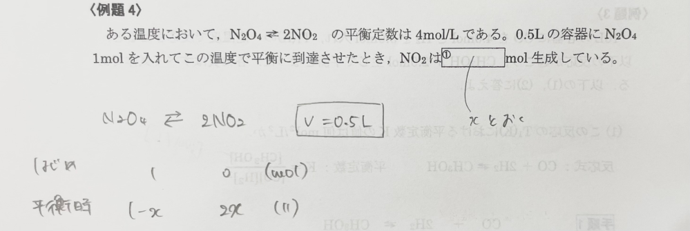 【化学】化学平衡 写真の問題なんですが、自分で書いたノートがなぜそうなったのか分からなくなってしまいました！なぜ平衡時にN2O4, 2NO2のモルが順番に1-x, 2x と置かれているのでしょうか？？