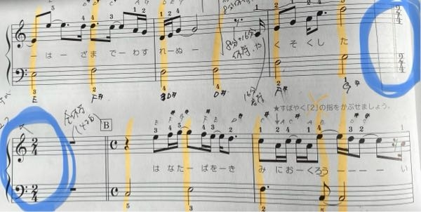 ピアノの楽譜について質問です。 以下写真の青丸の拍子記号2/4が途中から記入されており、それ以前の小節には拍子記号はありません。 2/4の前の小節は4/4で弾けばよいのでしょうか？
