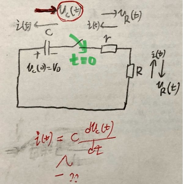 コンデンサの過渡解析について 添付画像の回路について、 赤色で書かれた式にマイナスの符号は必要ですか？ コンデンサにかかる電圧の正の向きを コンデンサに流れる電流の正の向きと逆にすると、 コンデンサの正極より負極の方が電圧が高いことになってしまい、混乱しています。 (コンデンサに流れる電流の正の向きの決め方がいまいち分かりません。)