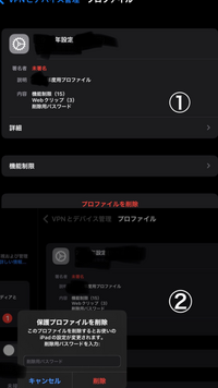 学校入学時に購入させられたiPadの制限を解除したいです。
クラスの過半数は制限を解除してBeRealやにゃんこ大戦争、たまごっちなどアプリを入れています。 調べると写真のようにVPNとデバイス管理のところで解除できるとの事でしたが、それではバレると書いてあり不安です。
VPNは未接続と書いてあります。
写真の①の「プロファイルを削除」を押すと
②の「保護プロファイルを削除」と出てき...