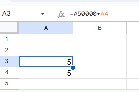 Googleスプレッドシートのセル内で、例えば存在しないシートの範囲外を参照するように"=A50000"と打った場合、何も表示されません。 "=A50000+a4"としてA4に5だけ入れると、5だけ返ってきます。 A50000は数式内だと黒色になっているので、参照先のセルが無いことを示しているのだと思うのですが、参照先のセルが無い場合にエラーを返すにはどうすればよいでしょうか。