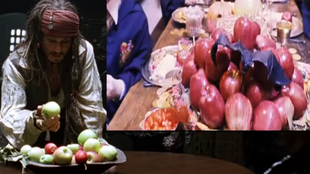 海外映画の食事シーンでよくりんご山積みになっていますが欧米ではこれが普通なんですか？ (左がパイレーツ・オブ・カリビアン右がハリー・ポッターの食事シーンです。)