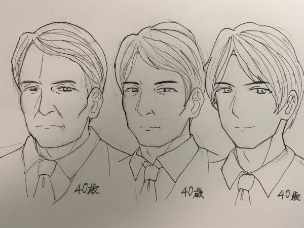 男性の顔を3種類描きました。全員40歳という設定ですが、どれが年相応に見えますか？また、正直何歳に見えますか？