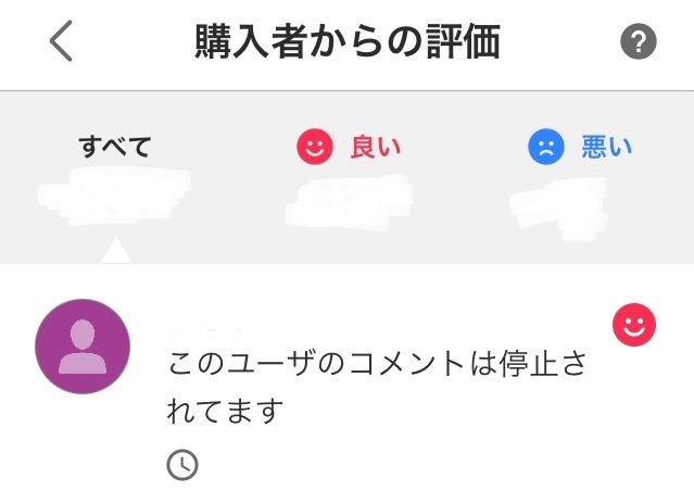 出品停止　コメントのみ ○○○（ID）のコメントは停止されています（評価＜-3）という表