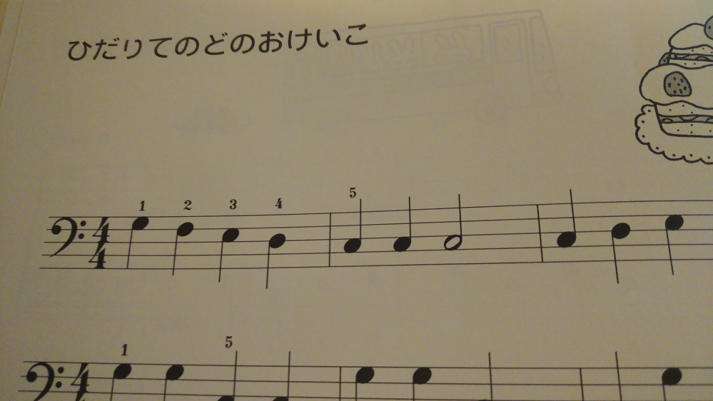 至急 ピアノの弾き方について 5って音符の上に描かれていると思うんですけど、これってどの音ですか？あと、どうやって弾くんですか？ラですか？でも左手のおけいこって書かれてるんで違うかなと思ってます。