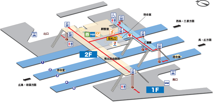 広島の海田市駅で乗り換えて西条に行くのですが,改札を出なくてもトイレがありますか？ 西条まで30分以上あるのでトイレに行っておきたいです。 トイレがあれば,下記図のどこかを教えてほしいです。
