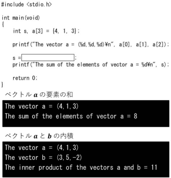 下記のプログラムは、配列を用いて表した3次元ベクトルa=(4, 1, 3)の要素の和を計算して表示するプログラムである． 空欄を埋めて，下の通り正しく動作することを確認した後，ベクトルaとベクトルb=(3, 5,−2)の内積を計算した結果を表示するプログラムに変更してください（表示例は下の通り）． 乗算には演算子 "*"を用いる． "*"は "+"演算子より優先される．