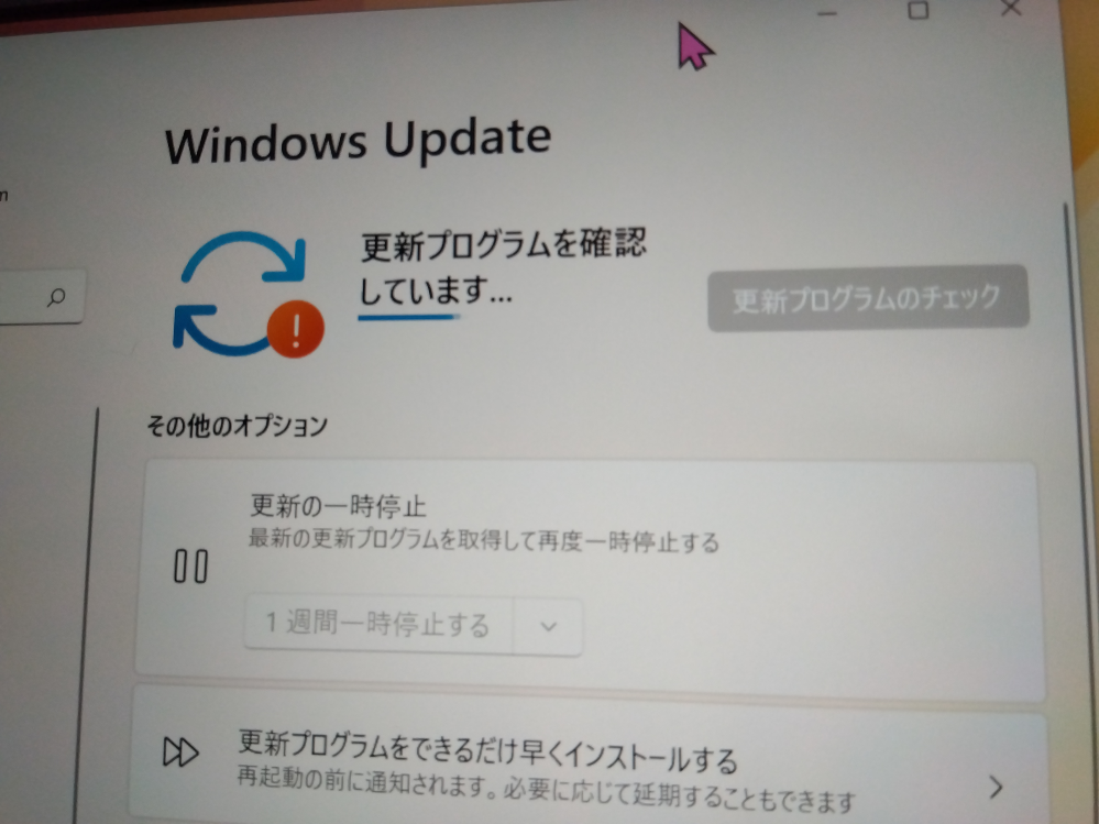 Windows Updateについて。 購入後1年近く使用していなかったノートPCを、久々に起動させると 「Windows Update」 を要求してきました。 現在「更新プログラムを確認しています」の状態なのですが… 更新確認を始めたのが午前10:30過ぎ 現在そろそろ15:00になります。 かれこれ4時間以上、この状態のままです。 これって、 このまま待ち続けるべきなのでしょうか？ 何かしら操作をした方が良いのでしょうか？ Windows11 asus Vivibook
