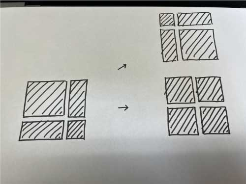 AfterEffectsに関する質問です。 画像のように、 ・4つの四角の総面積は一定 ・4つの四角の距離は一定 としたまま、それぞれの四角の面積を変化させたいです。 それぞれの図形をトランスフォームで変化させれば、実現可能と思いますが、 何か効率の良い方法がわかる方はいらっしゃいませんか？