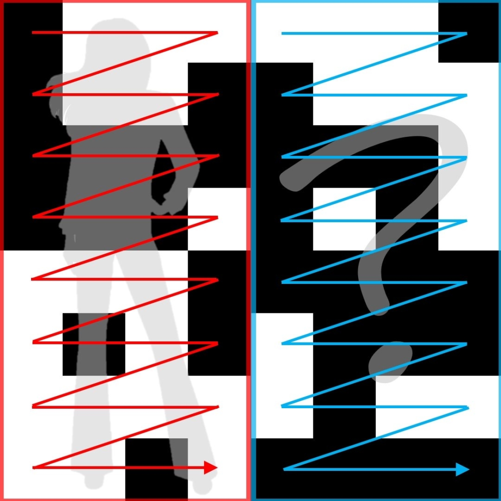 この謎解きの答えを教えてください。 左半分は「woman」を表します。 左上から右下にかけて白マスを0、黒マスを1として32桁の2進数で表記し、10進数に変換。