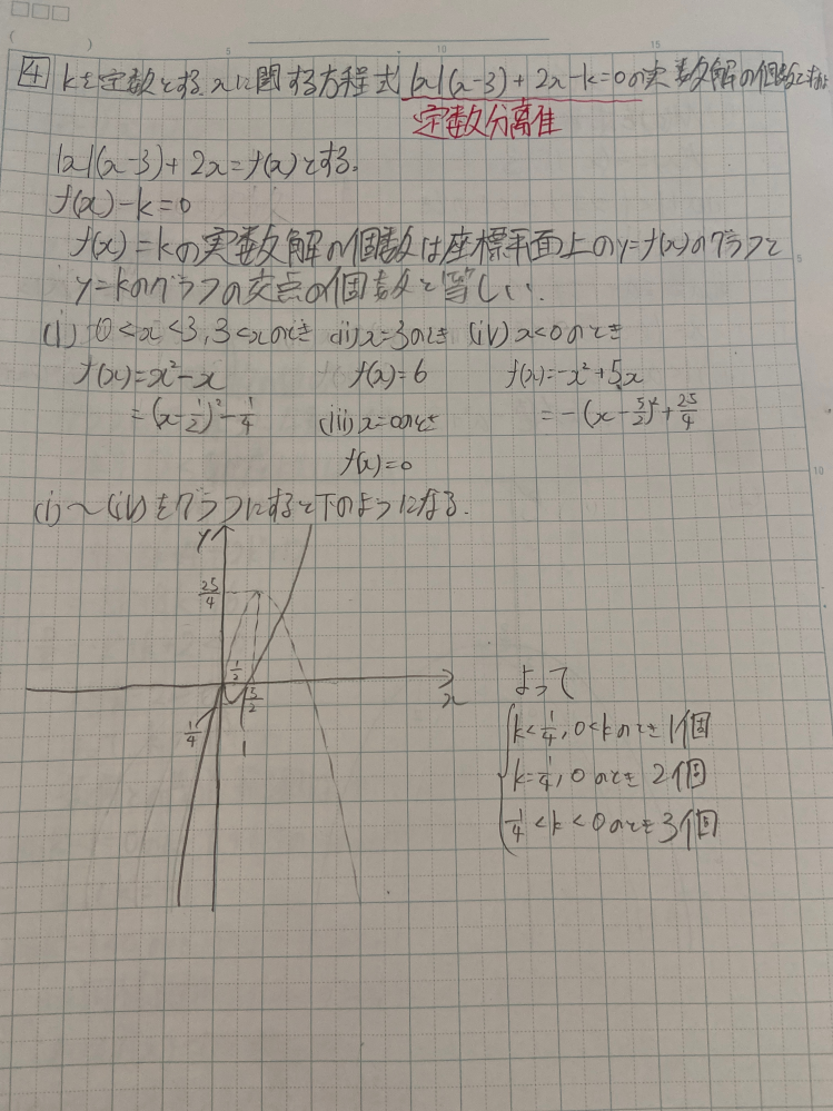 下の問題で x＝0のときと、x＝3のときについても場合分けしたのですが、学校の先生には「しなくてよい」と言われました。理由は考えてこいとのことです。 確かに、結果的にはx＝0もx＝3も二次関数の式と同じyの値をとってますが、なぜそうなるのか分かりません。x^2になるはずの項が0になってしまうなら一次関数になるので場合分けの必要があると考えたのですが、どう考えれば場合分けは必要ないとなるのでしょうか。