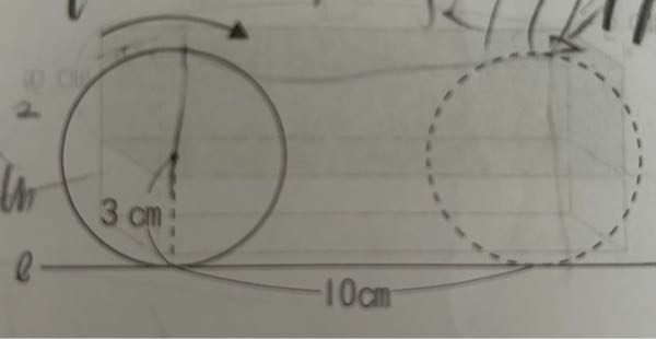 図の直線lにそって、半径3cmの円を矢印の方向に10㎝転がします。円が動いたあとの図形の面積は何㎠になりますか。 答えは88.26㎠で合っていますか？