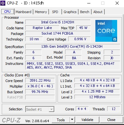 Core i5 13420Hのcoreですが4+4で12スレッドて4+4でスレッド数16にならないのですか?