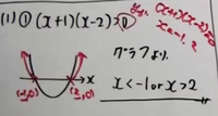 この二次不等式いまいちわからないです、、
X<-1ってどうしてですか？あとx>2なのも理由教えて欲しいです。 