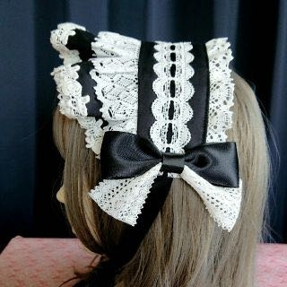 ハーフボンネットドレス　ハンドメイド オフホワイトロングリボン】ハーフボンネット風ヘッドドレス