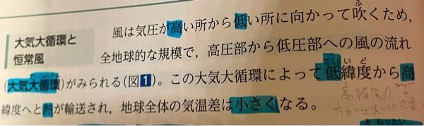 高1地理について、至急お願いします 教科書の文章にこのように「低緯度から高緯度へと熱が輸送され、」と書いてあるのですが、どういうことですか？ 風って、高気圧から低気圧に吹きますよね？ 低緯度は暑いから密度が下がって上昇気流が発生するから低気圧で、逆に高緯度は寒いので高気圧じゃないんですか！！ だったら、高気圧から低気圧に吹くなら、高気圧の高緯度から、低気圧の低緯度に吹くんじゃないんですか？ 熱が輸送されるっていうのもよくわからないです、寒いところから暑いところに吹くのになんで、熱（暑さ）が輸送されるんですか？寒さが届けられるんじゃないんですか？ 質問多くてすみません、よろしくおねいします！