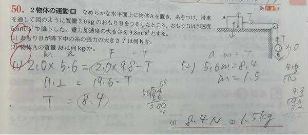 大至急 物理基礎 （2）の問題でma=tとすると書いてあったんですけど、なんでfじゃなくてtなのか教えて欲しいです。