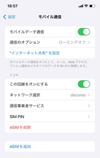 助けてください！！( >_< )
ahamoから日本通信への開通手続きが完了したのですが、wifi環境下じゃないと通信できません…。 SIMカードを抜かずにeSIMの設定方法をしてしまい、その後にSIMカードを抜きました！
（下記画像参照：抜いた後の画面です）

↑以外の設定は手順を見ながら進めたはずです…

一度iPhoneを再起動したところ、
｢データ通信機能を起動できません...