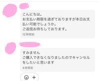 メルカリ、コンビニ支払いについて
支払い期限が過ぎていることを購入者様にお伝えしたところこのような返信が返ってきました。
どう返信すればいいでしょうか。 正直なところ、購入していただいたタイミングと今では価格がかなり変わってしまっている商品なのでこのまま購入していただきたいのですが…