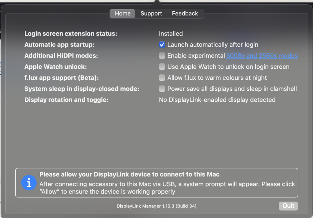 DisplayLinkを使ってmac book air M3でマルチモニターをしたいのですが、 DisplayLink マネージャーのアイコンが薄い灰色になっており下記の画像の様なメッセージが表示されて使用できません。どうすれば使える様になるでしょうか？ドッキングステーションはAnker 563 USB-C ドッキングステーションです。システム設定のプライバシーとセキュリティからDisplayLink マネージャーの画面収録許可はしています。