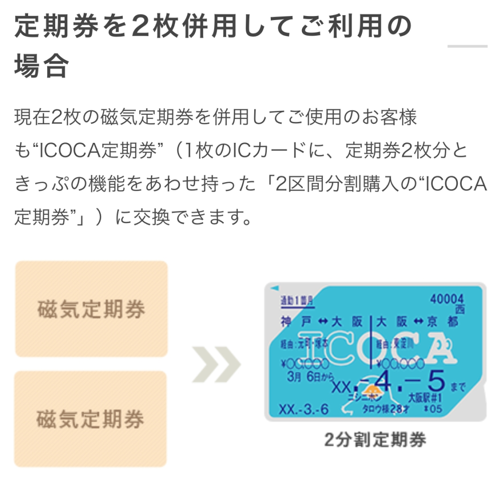 ICOCA定期券について質問です。 JR長瀬から十三(阪急)までの定期券を淡路駅(JR淡路・阪急淡路)乗換で購入したいです。 券売機で購入しようとしたところ、淡路駅経由ではできませんでした。 駅員さんに聞くと、淡路駅では経由駅扱いにならないとのことで2枚に分ける方法を提案されました。 私としては1つにまとめたいと思っております。 連絡定期券(？)は無理だとしても、2区間分割購入のICOCA定期券にすることはできますか？ できる場合みどりの窓口に行けば良いでしょうか？ 無理の場合その他の案があれば教えて頂きたいです。