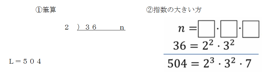 この解き方は無理ですか？ 最小公倍数Ｌをだすとき、①のように筆算して素因数分解する方法でＬ字にかける方法や②のように素因数分解して、指数の大きい方をかけるという２つのやり方がありますが、 「３６とｎの最小公倍数が５０４になるような正の整数ｎを求める問題」を解くときは、②のやり方を覚えていないと解けませんか？ ①のやり方しか知らない人だと解けませんかね？