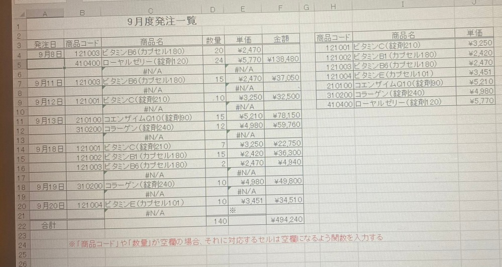 【至急】Excelについて 画像の赤文字が問題文です。 商品名を参照して出す所まではできたのですが、空欄は空欄になる関数を入力というのが分からず調べたらvlookup関数のあとに&""をつけると書いてありました。 書いてあるとおりにやってみましたがエラーが出ます。どこが出来てないかいまいちわかりません。