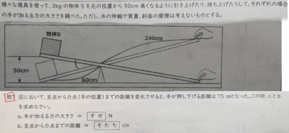 【至急】知恵コイン250枚！！！ 中学理科物理について質問です。 わからない問題があったのですが解き方、解説を教えてください 1N=100gとして計算してください 答えはa=20N b=90cm