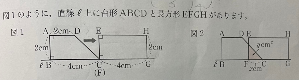 次の数学の問題を教えてください 【関数】 考えてもよくわからなかったので詳しい解説と一緒に教えてください。 長方形 EFGH を固定し、台形ABCDをℓにそって 点Cが点Gに重なるまで移動させます。 図2は、その途中を示したものです。 FCの長さをxcm, 2つの図形が重なる部分の 面積をycm²として、次の問に答えなさい。 台形ABCDで、重なる部分と重ならない 部分の面積が等しくなるのは、 点Cを何cm 移動させたときですか？ お願いします