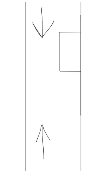 車の交通に関する質問です。絵のような車が2台ぎりぎり通れる道路があります、片側に路駐している車がありたまたま両側から車が来た場合どちらが優先して通れるのでしょうか？