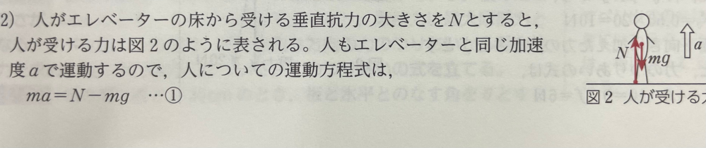 至急！！高一物理です 人がエレベーターの床から受ける垂直抗力の大きさを文字式で求める問題です 聞きたいことはなぜN＝mgじゃないのかです。 なんとなく違うのは分かるんですが説明が出来ないです。分かりやすくお願いします。