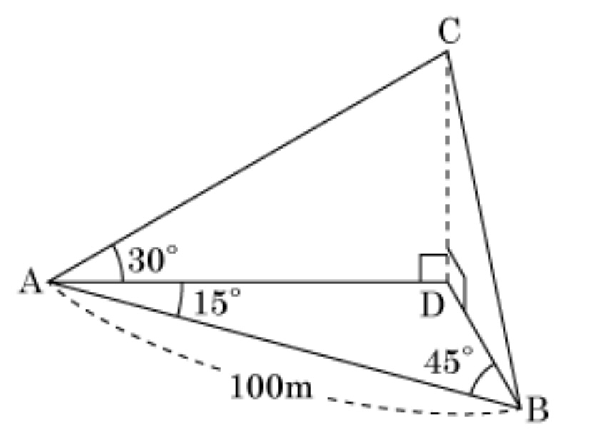 問2 次の文中の空欄にあてはまる数や記号を答えなさい。ただし，英数字・符号(+，-)は半角，それ以外の文字や記号は全角で入力しなさい。 鉄塔の高さCDを求めるために，100m離れたA，Bの地点から角度をはかったら， ∠CAD=30∘，∠DAB=15∘，∠DBA=45∘ であった。このとき，鉄塔の高さCDの長さを考える。 △ADBに着目すると， ∠ADB=180∘−(15∘+45∘)=120∘ だから，正弦定理より， AD=x√6 ∕₃mとなり，xの値は【 2 】である。 ADがわかれば，△CADに着目してタンジェントを利用することで，CDの長さが求められる。 ∠CAD=30∘，∠CDA=90∘であるから， CD=ADtan30∘これより，CD=y√2 ∕₃mとなり， yの値は【 3 】である。 の【2】と【3】に当てはまる回答が分かりません！誰か教えてくれると嬉しいです。高校1年生です