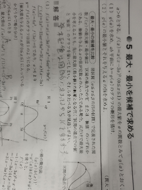 (1)で0<a≦１のとき、場合分けしてるのになぜx＝a,0の２つがあるんですか？