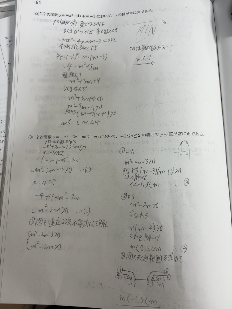 定数mの値の範囲を定めよという問題なのですが、この回答の仕方で丸をつけて大丈夫でしょうか。 模範解答と答えを出すまでがだいぶ違うので不安です。 字が汚くてすみません。よろしくお願いします。