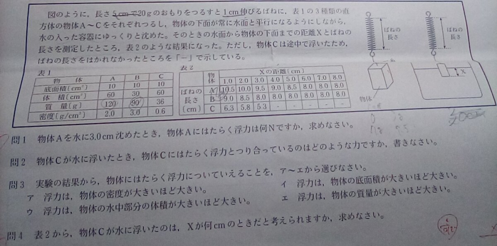 中３浮力の問題です 2番4番教えてください