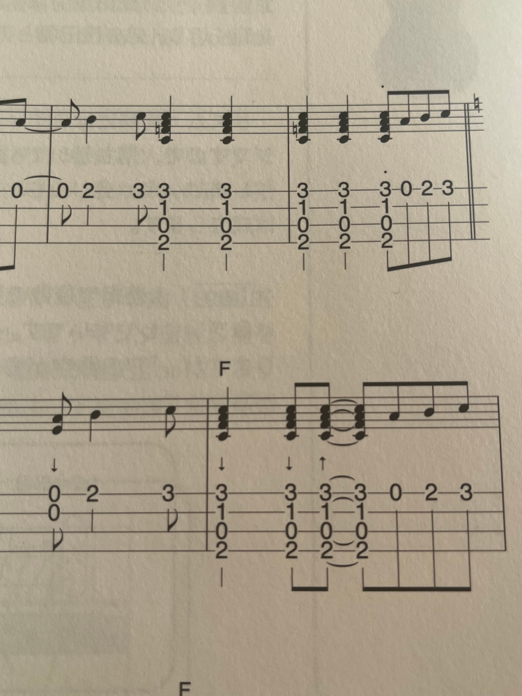 ウクレレ今年の夏から練習しています。 この楽譜の違いはなんですか？ 3102の↓↑がついているのとついていないのの違い。 ついているのはダウンストローク、アップストロークですよね。 ついていないのは3本指とかで個々に同時に弾くのでしょうか？ 優しい方お願いします。