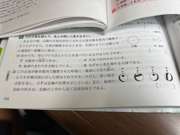 (2)で、なぜ地球が反時計回りだから答えはアとなるんですか？そもそもどこから観測した図なんですか