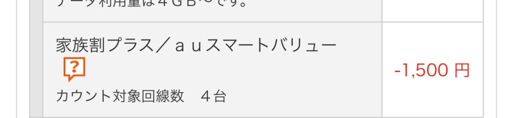 au スマートバリューについて 私の携帯の使用料金を見ると、-1500円となっています。 家族割が1100円、あとの400円は何でしょうか...？ auスマートバリューなら、入っている料金プランに応じて、1100円か550円の割引だと思うのですが。