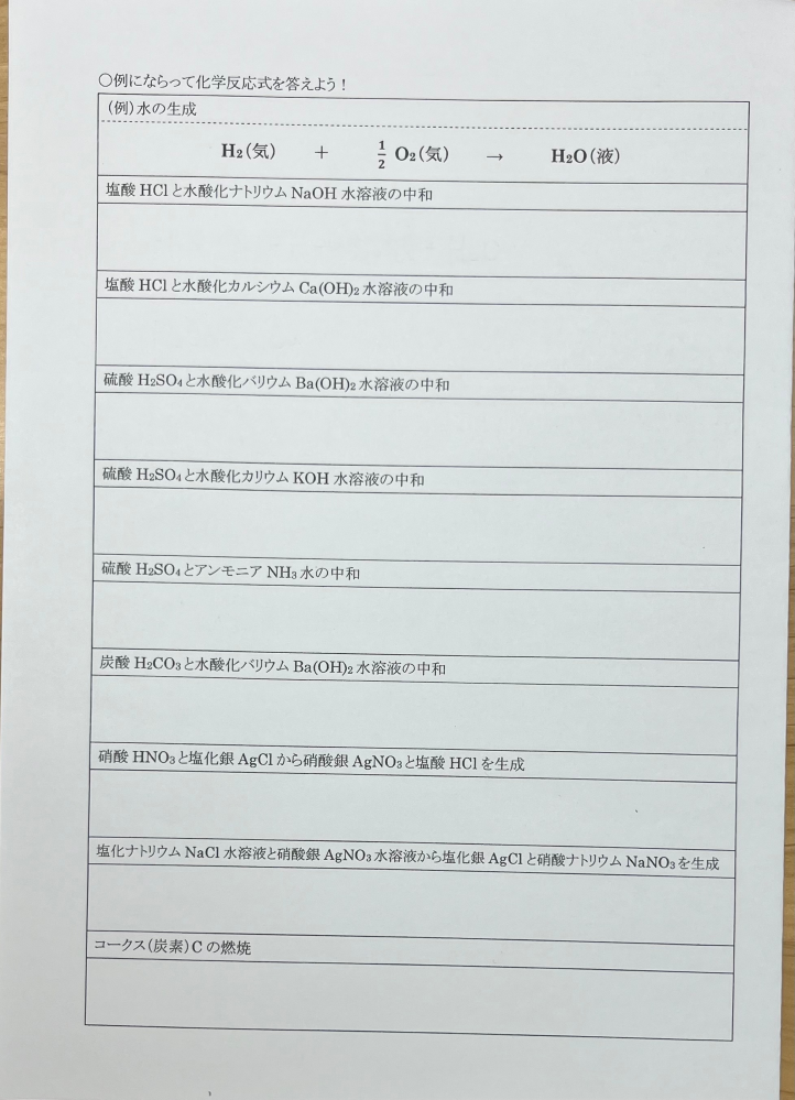 1番上の“水の生成”のように下の9個の答えを教えて欲しいです。よろしくお願いします。