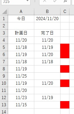 Excelの「条件付き設定」or「数式」について質問です。 以前も質問したのですが、違う問題がでてきてしまったので再度質問させてください。 写真のようにA列には計画日が記入しており、B列に計画に沿った完了日があります。 下記条件で全てA列の計画日ベースでC列を赤にしたいと考えています。 ・完了日（B列）が計画日（A列）過ぎてしまったものはC列に赤フラグ（"遅延"でも可） ・計画日（A列）を過ぎて完了日（B列）が空白の場合もC列に赤フラグ（"遅延"でも可） 一つ問題なのは、完了日（B列）に他のシートから引っ張ってきている「VLOOKUP」の関数が入ってきています。 自分でも色々試したのですがなかなかうまくいきません。 つたない説明で申し訳ありませんが、どうかよろしくお願い致します。