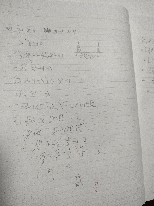 数研出版、数学IIの244ページ19（2）が合わなくて困っています。教えてください。 y=x2-4, ｘ軸, x=-3, x=4