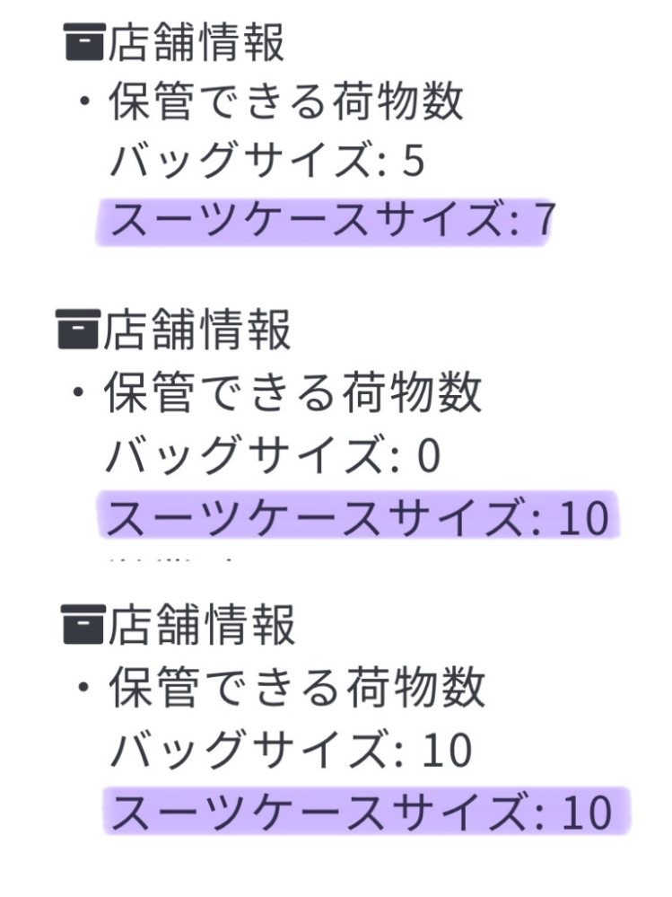 ライブある日にスーツケースを預かってくれるお店に預けようと思ってるのですが、分からない事があるので教えて頂けたら嬉しいです。 下の画像のスーツケースサイズ10や7はどう言うことでしょうか？ 重さですか？ 縦横10cmだったら小さすぎるし… もしかしてその日預かってもらえるスーツケースの数でしょうか？サイズって書いてあるのでどうなのか分かりませんが。 わかる方いましたら教えてください。