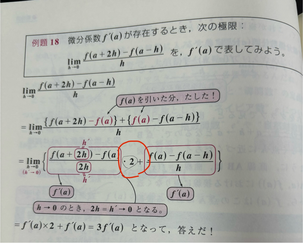 微分係数問題がわからないので教えてほしいです。 赤丸の2がどういった経緯で出てきたのかが理解できません。回答よろしくお願いします。