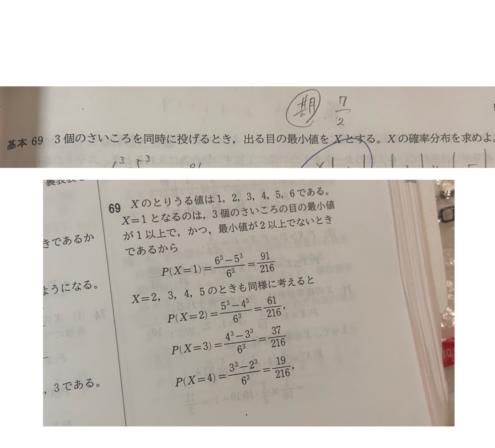 至急です 数Bの確率分布の問題で、 X＝1の時は3つの目のサイコロの最小値が1以上で2以上じゃない時であるというのは分かるのですが、 なぜそこから6³/6³－5³になるのですか？ 誰か教えてください！お願いします 上が問題で下が答えです 写真暗くてすみませんm(_ _)m