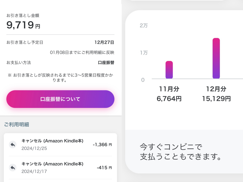 ペイディの支払いについてです。 画像左はペイディのは金額確定の画面ですが、複数回キャンセルしたため画像右ではキャンセル分の差額が表示されています。 実際に12/27に引き落とされるのは9719円と6764円どちらなのでしょうか？ わかる方教えていただきたいです。