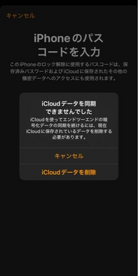 アップルウォッチを貰ったので設定中なのですが、こんな画面が出てきて怖くて先に進めません。
ここでもしiCloudデータを削除、という方を選択したら初期化されるのでしょうか？ 